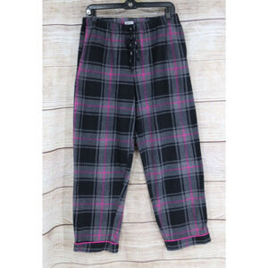 Y2K DKNY Womens Size Large Pull On Wide Leg Plaid Fleece Pajama Pants Gray Black